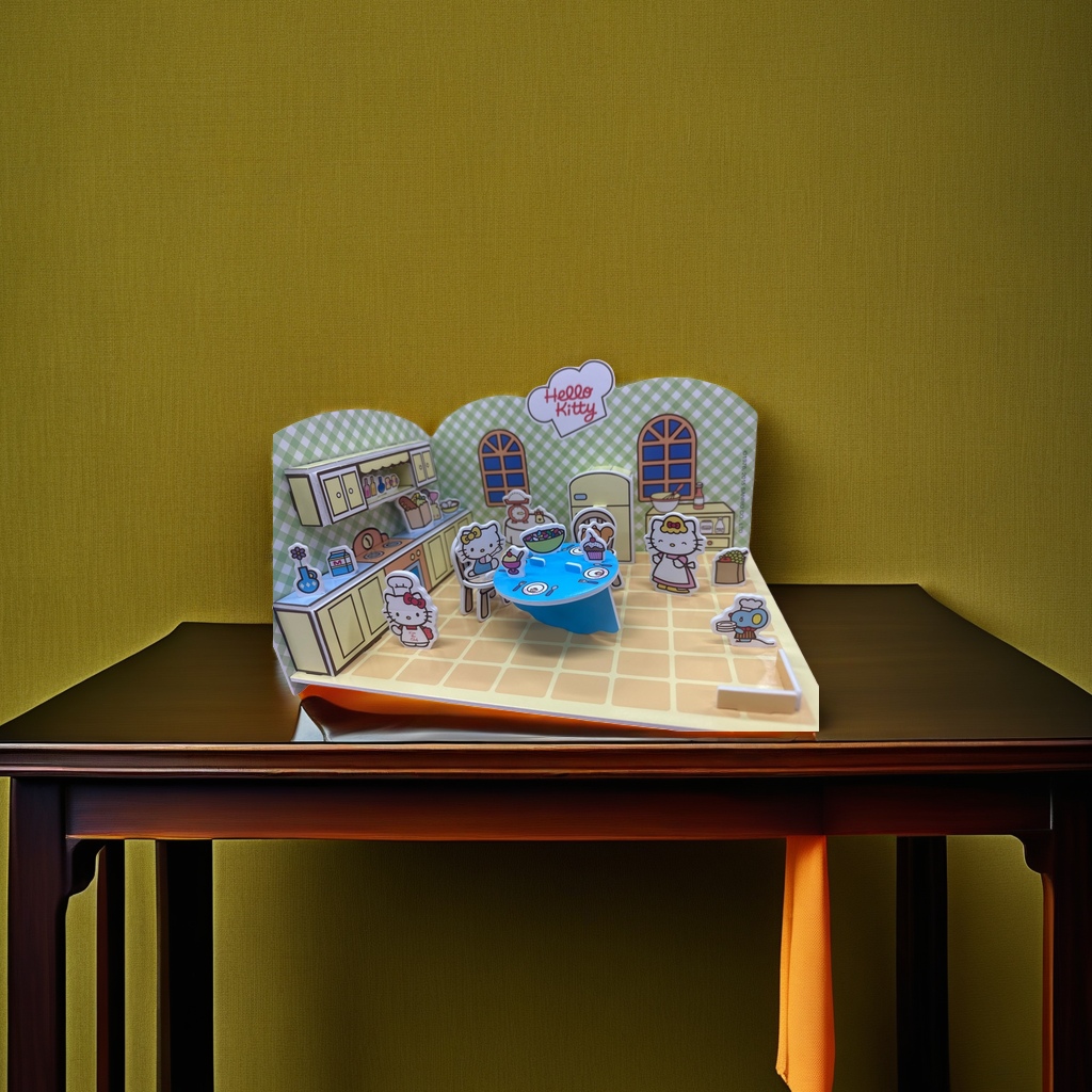 Hello Kitty pink kitchen paper art model with blue dining table, yellow cabinets, green checkered wall and character kitchenware ornaments Specification image