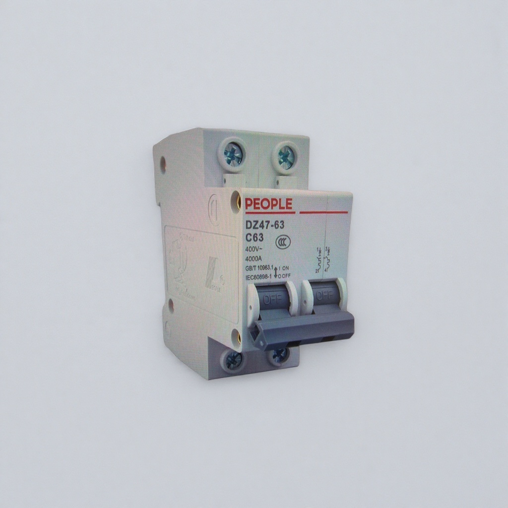 The white plastic-cased bipolar C63 circuit breaker PEOPLE DZ47-63 with an OFF switch label details Picture