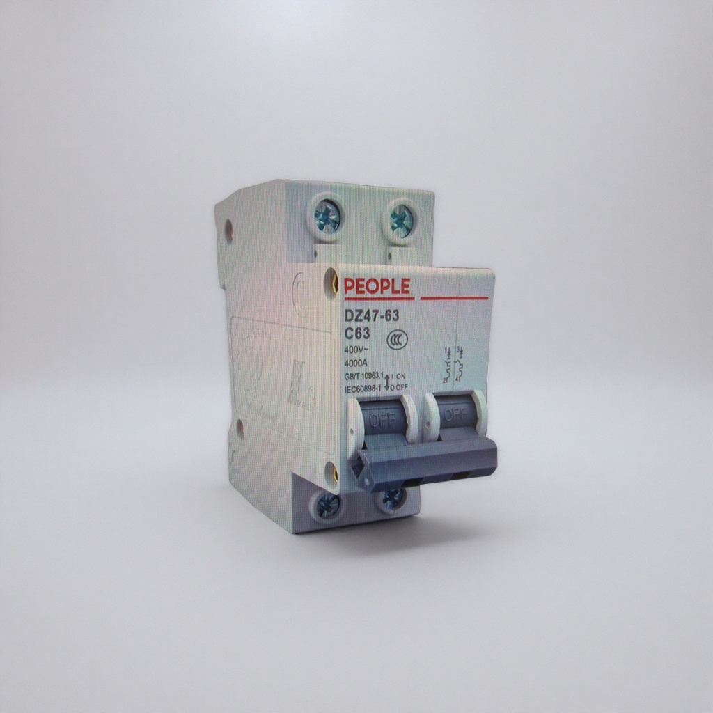 The white plastic-cased bipolar C63 circuit breaker PEOPLE DZ47-63 with an OFF switch label Application Scenario