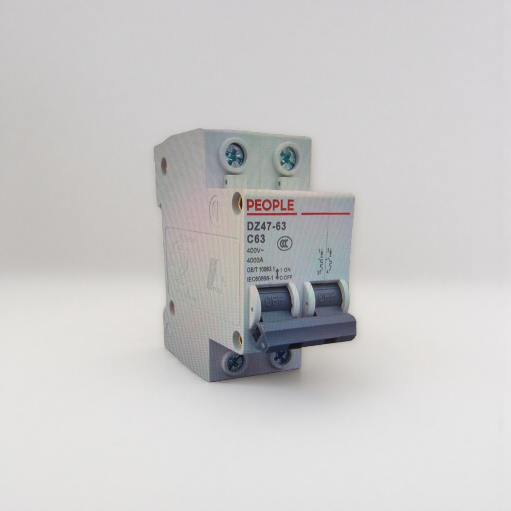The white plastic-cased bipolar C63 circuit breaker PEOPLE DZ47-63 with an OFF switch label Specification image