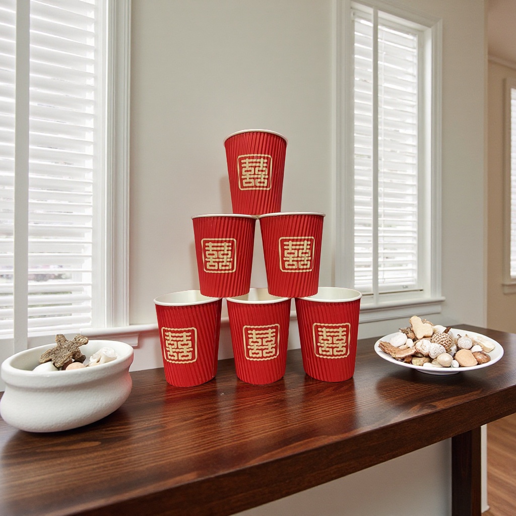 Red "My Family Has Joy" corrugated paper cups, forever united and Happy for a Hundred years, stacked set Specification image
