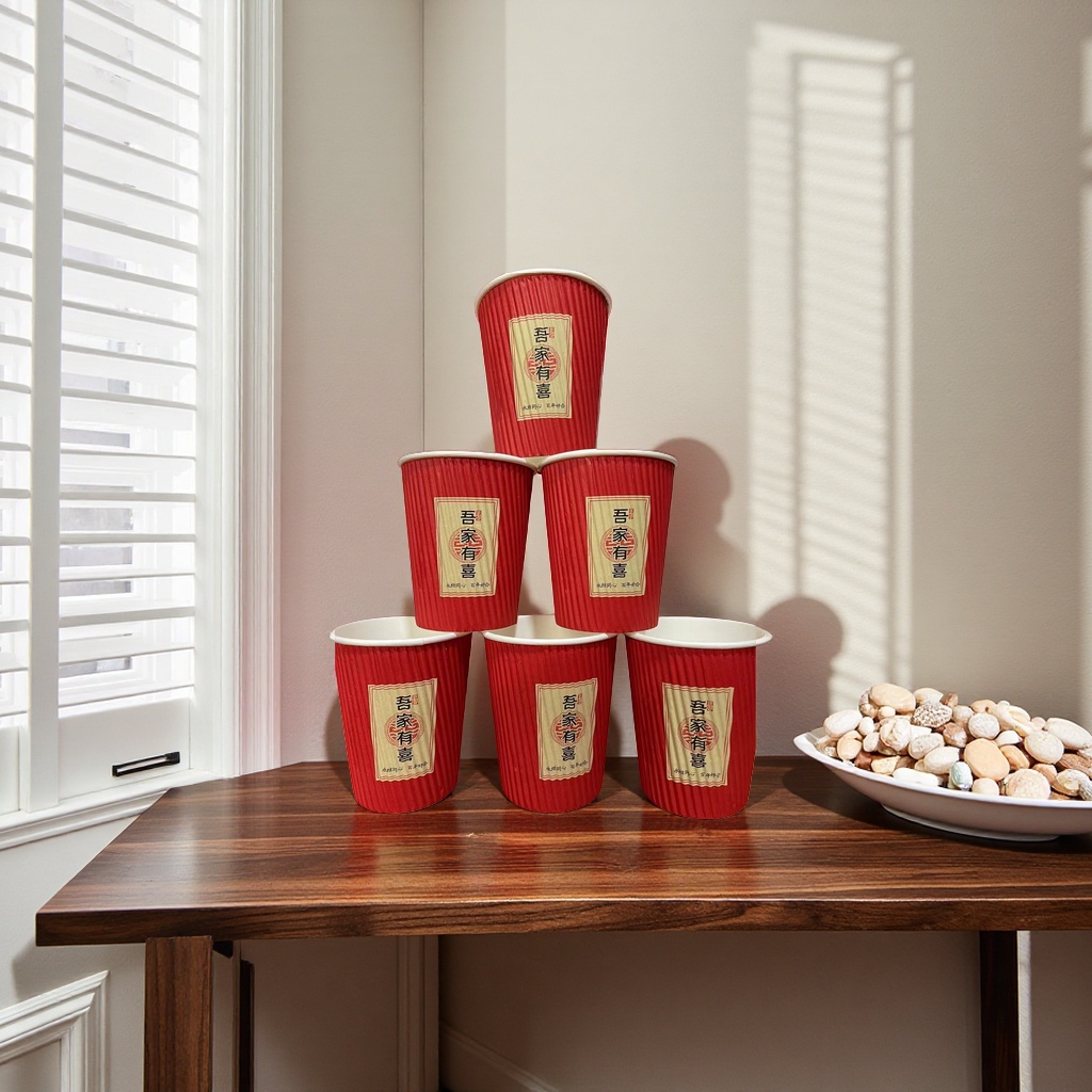 Red "My Family Has Joy" corrugated paper cups, forever united and Happy for a Hundred years, stacked set