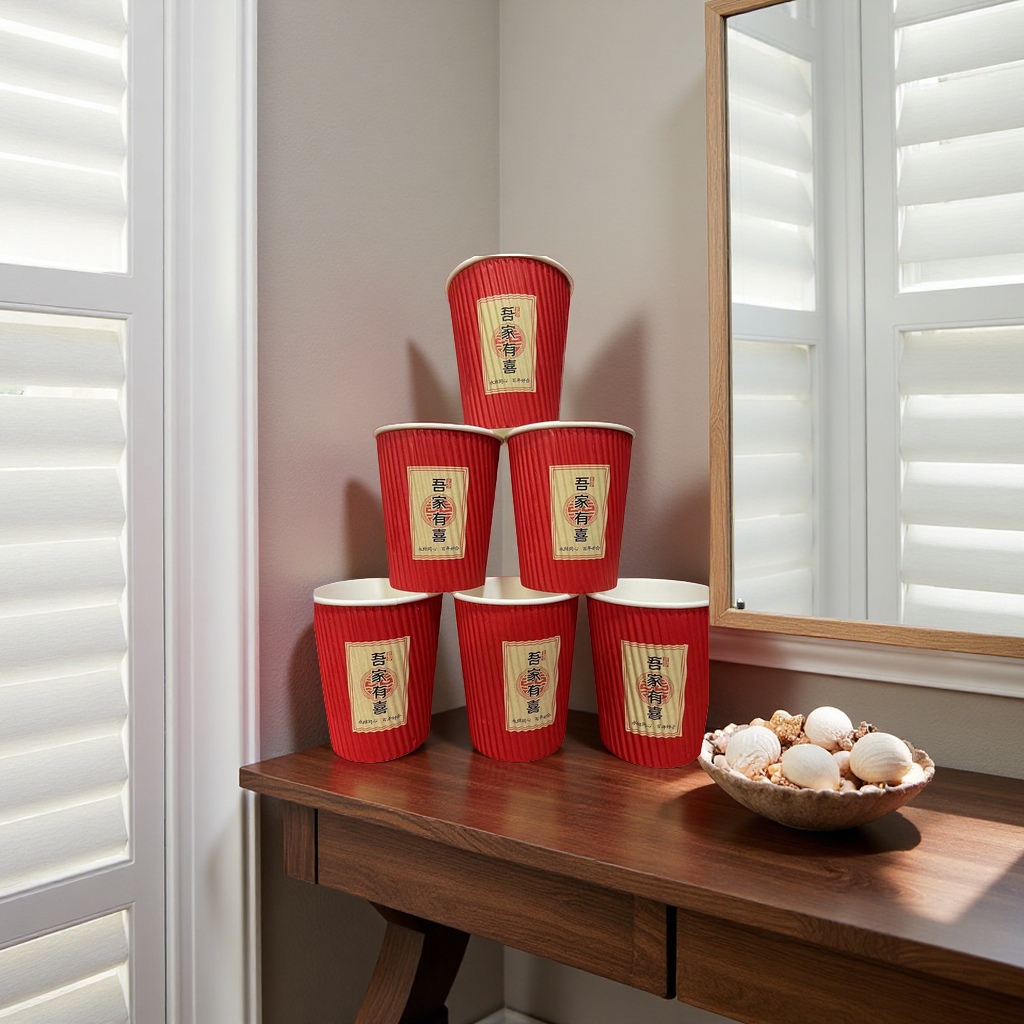 Red "My Family Has Joy" corrugated paper cups, forever united and Happy for a Hundred years, stacked set details Picture