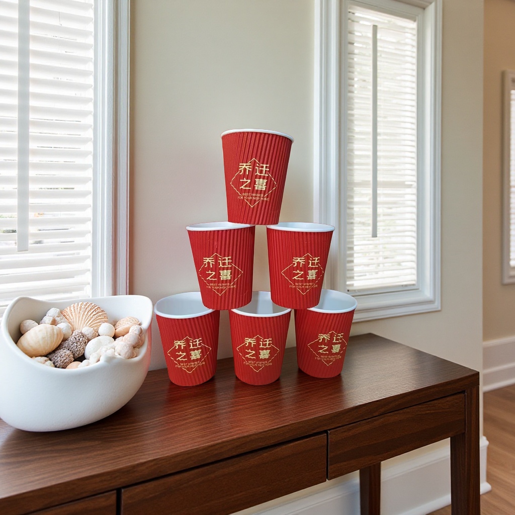 Red "My Family Has Joy" corrugated paper cups, forever united and Happy for a Hundred years, stacked set Application Scenario