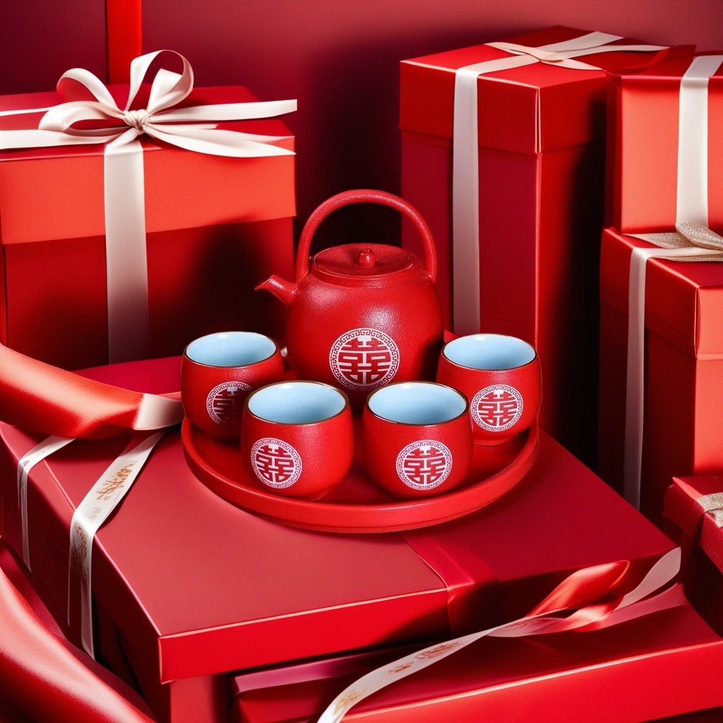 Red Double Happiness tea set, teapot plus four cups in one tray, gift box Specification image