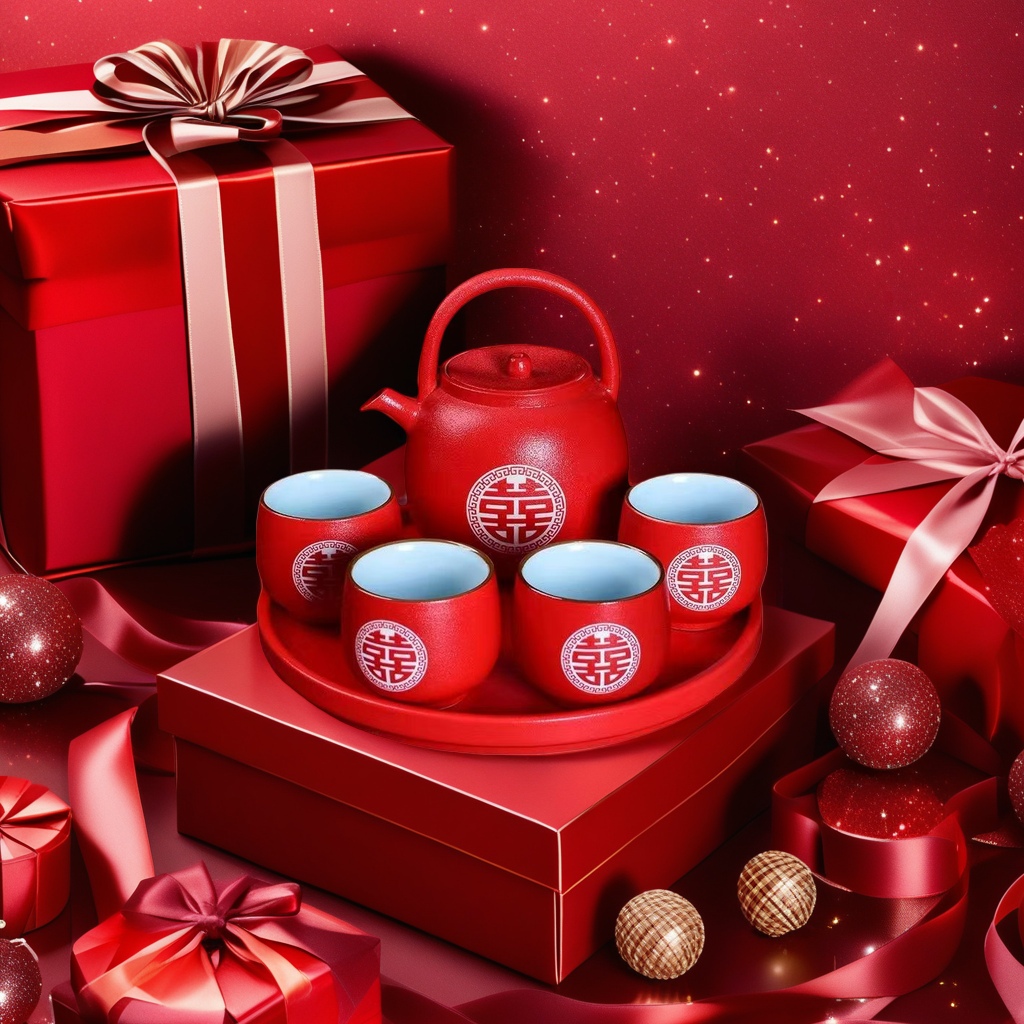 Red Double Happiness tea set, teapot plus four cups in one tray, gift box Application Scenario