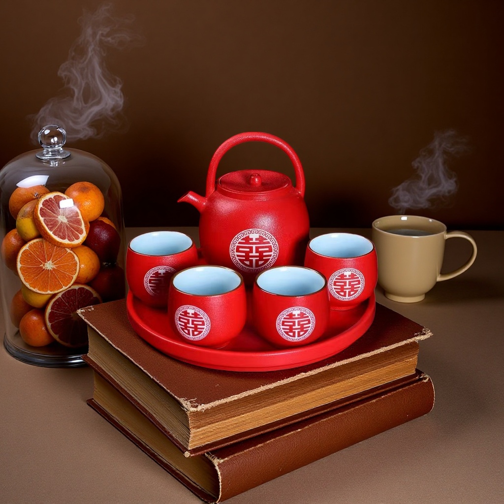Red Double Happiness tea set, teapot plus four cups in one tray, gift box