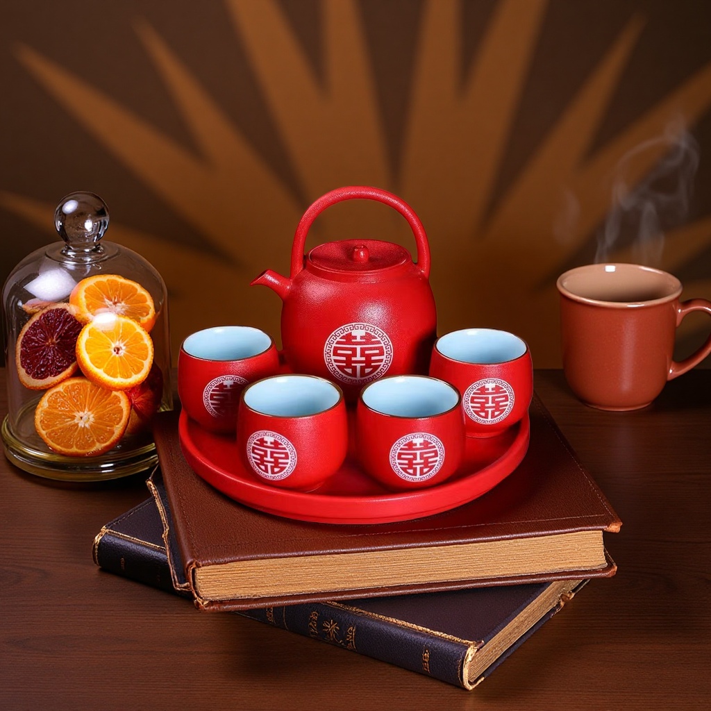 Red Double Happiness tea set, teapot plus four cups in one tray, gift box details Picture