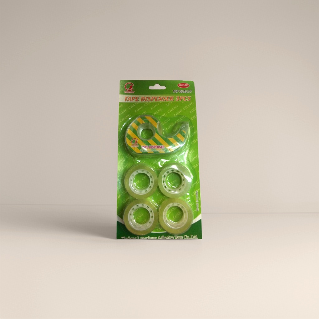Three-piece set of green packaging tape, transparent tape seat and four rolls of transparent tape
