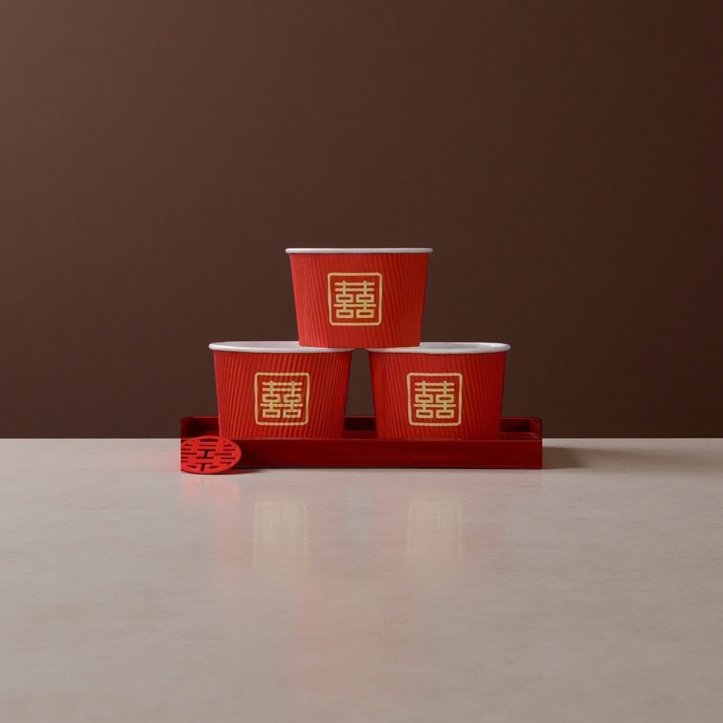 Three red Double Happiness paper cups, stacked on a red tray Application Scenario