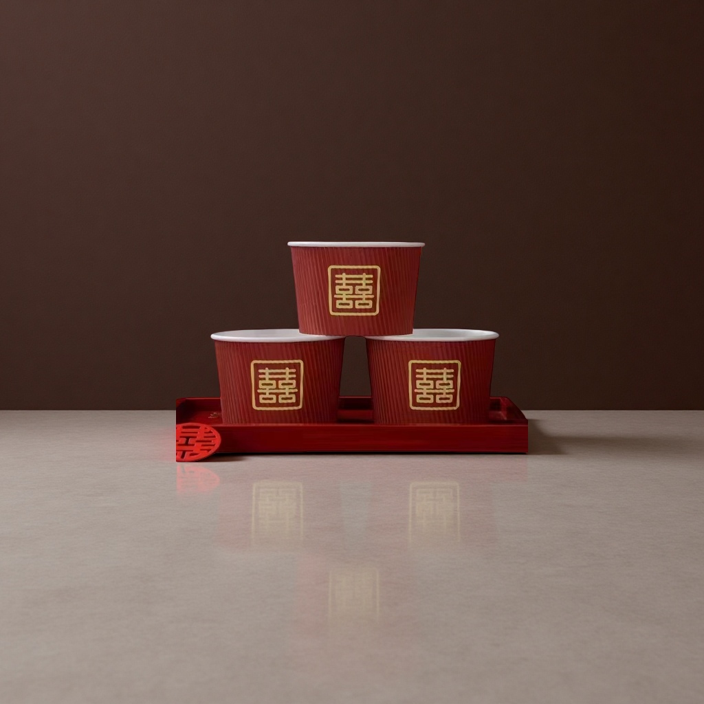Three red Double Happiness paper cups, stacked on a red tray