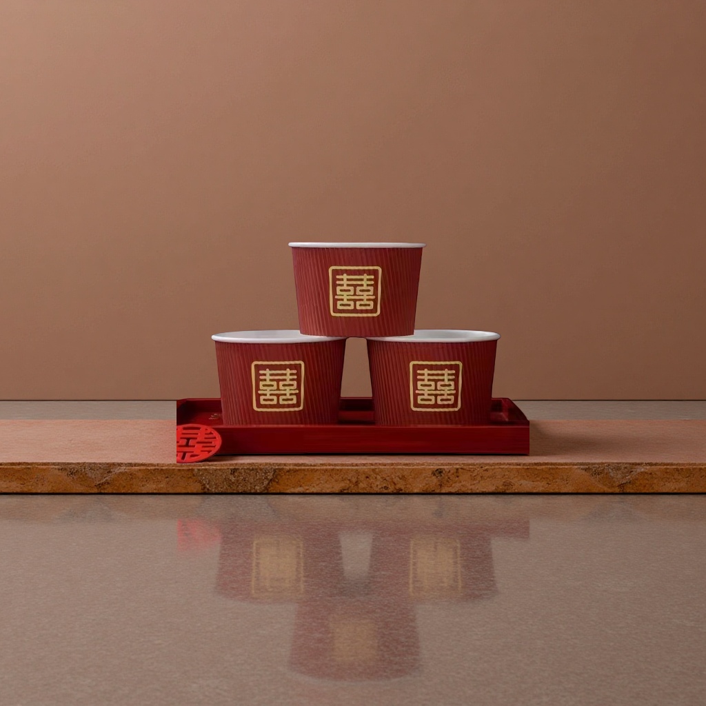 Three red Double Happiness paper cups, stacked on a red tray details Picture