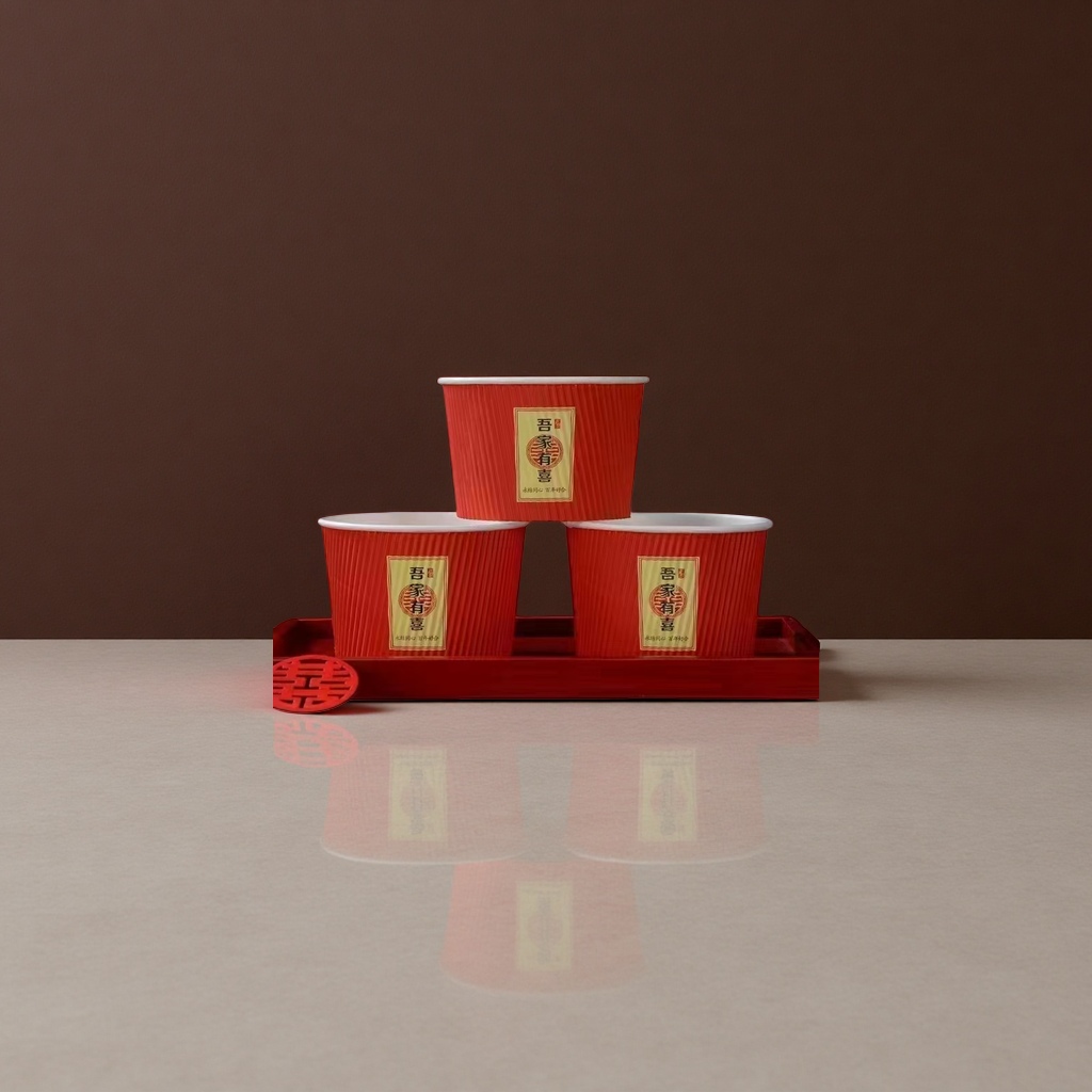 Three red Double Happiness paper cups, stacked on a red tray Specification image
