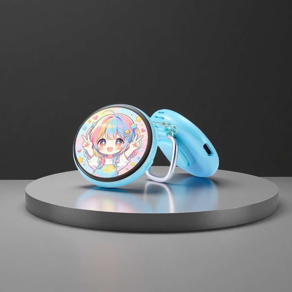 Blue electronic Bagee device, circular color screen, anime girl, light blue shell, metal hook Application Scenario