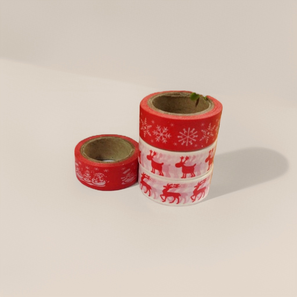 Red Christmas-themed tape and sample strips of festive decorative planner packaging stickers