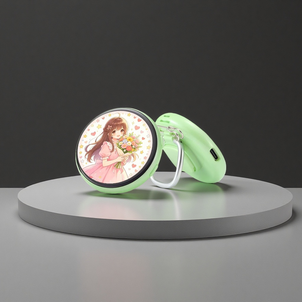 Blue electronic Bagee device, circular color screen, anime girl, light blue shell, metal hook Specification image