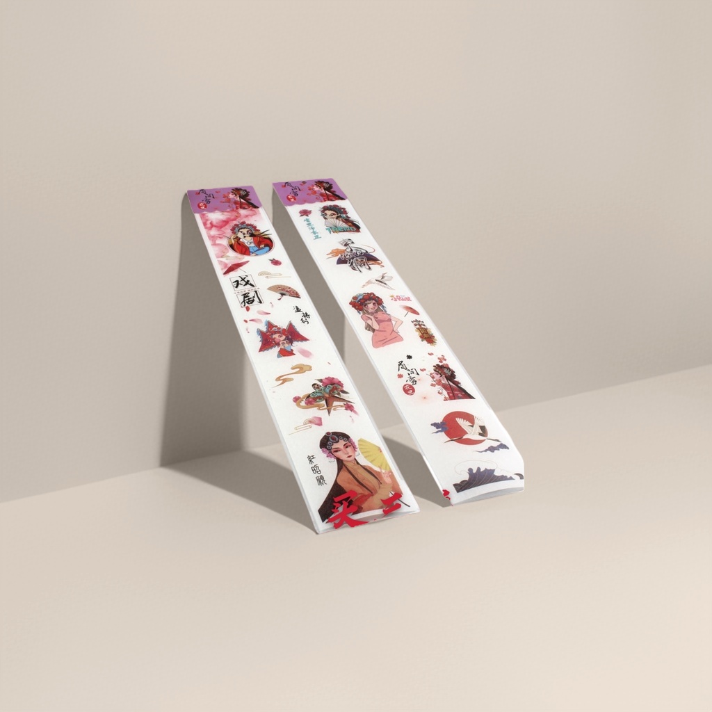 Two rolls of pink and purple opera-themed tape, Peking Opera characters, fan, cloud pattern, red sun, white crane, drama group, butterfly picking, snow between eyebrows Specification image