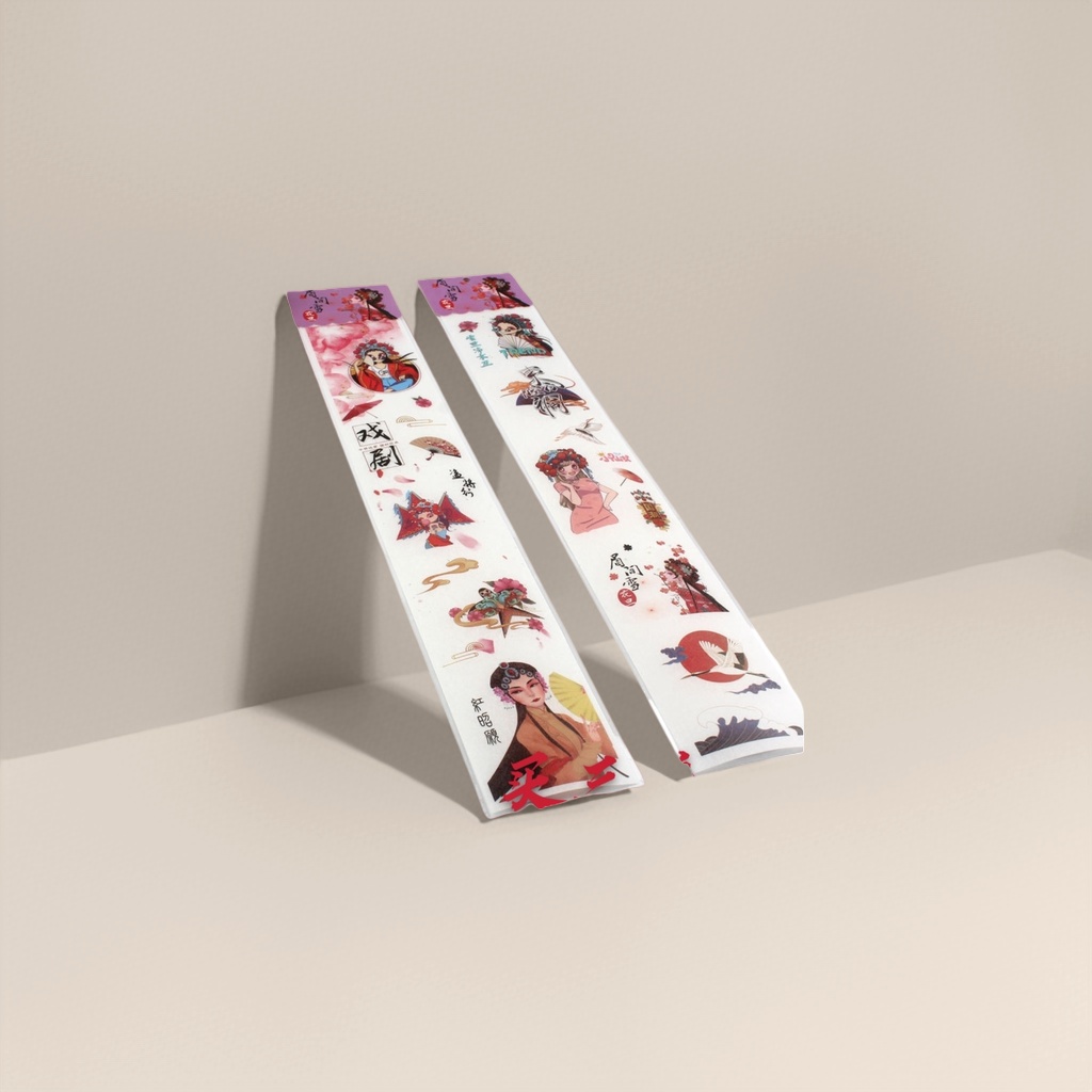 Two rolls of pink and purple opera-themed tape, Peking Opera characters, fan, cloud pattern, red sun, white crane, drama group, butterfly picking, snow between eyebrows Application Scenario