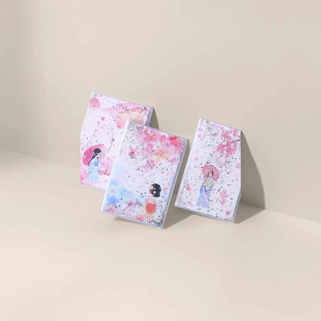 Pink cherry blossom-themed sand notebook with illustrations of three girls in kimonos holding umbrellas details Picture