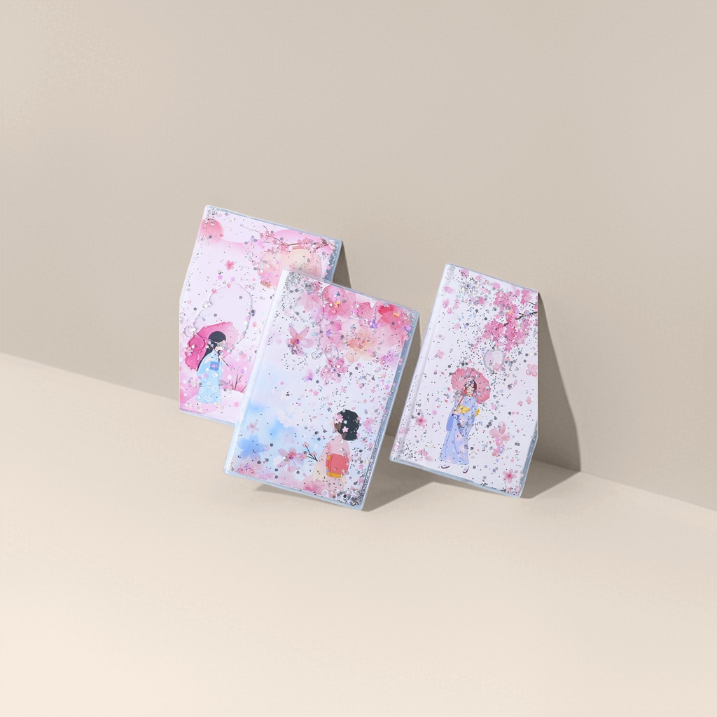 Pink cherry blossom-themed sand notebook with illustrations of three girls in kimonos holding umbrellas Application Scenario
