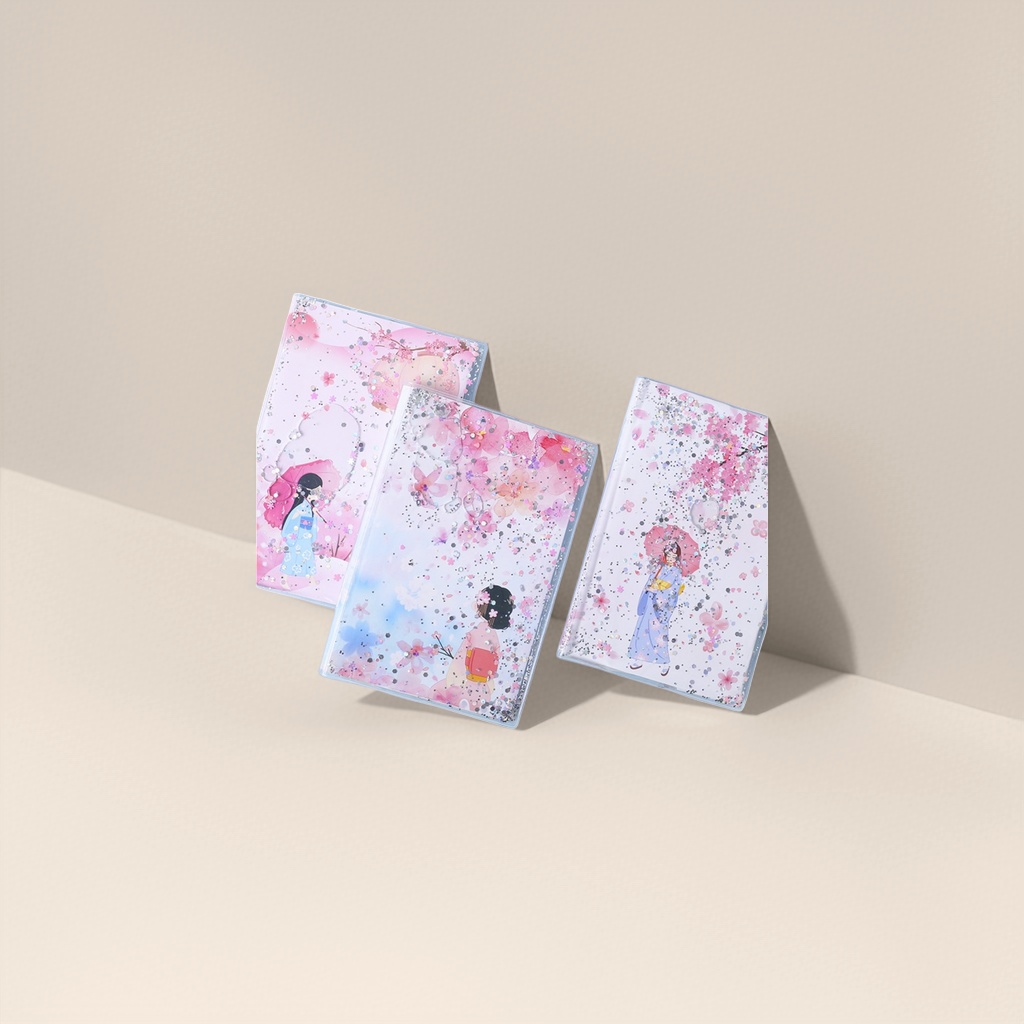 Pink cherry blossom-themed sand notebook with illustrations of three girls in kimonos holding umbrellas Specification image