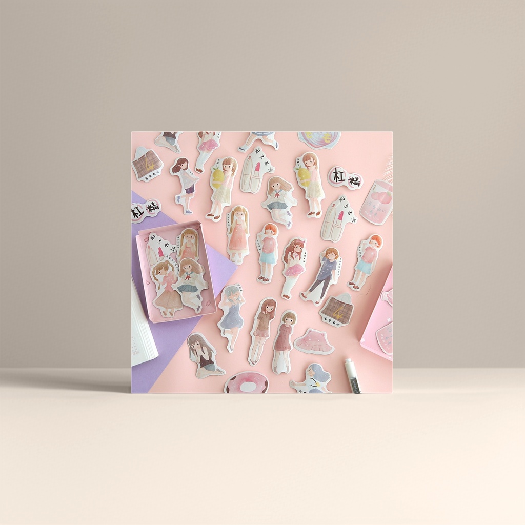 Pink background cartoon girl sticker stationery accessory set