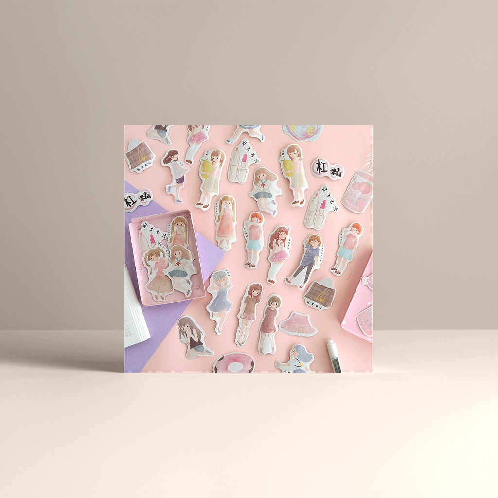 Pink background cartoon girl sticker stationery accessory set Specification image