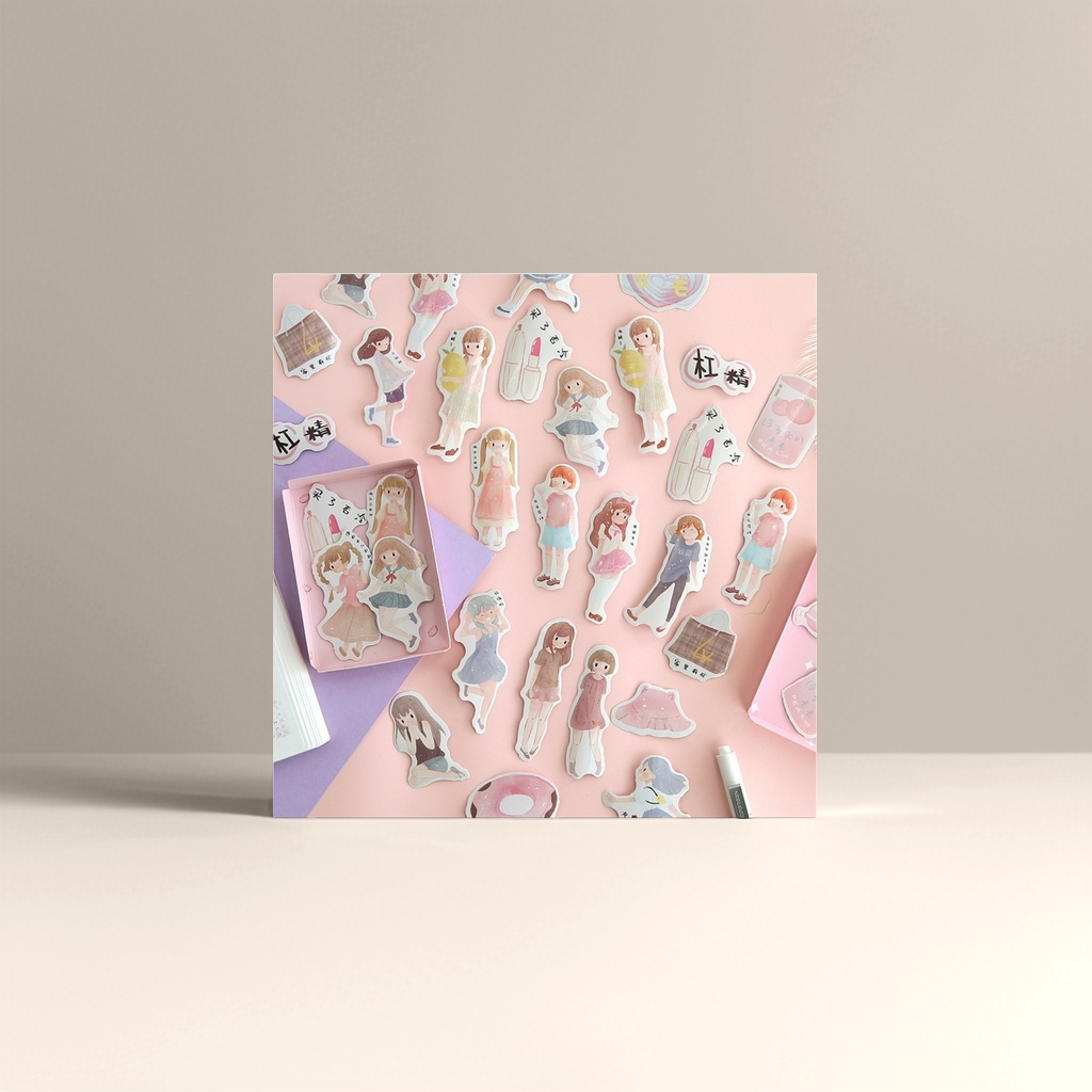 Pink background cartoon girl sticker stationery accessory set details Picture