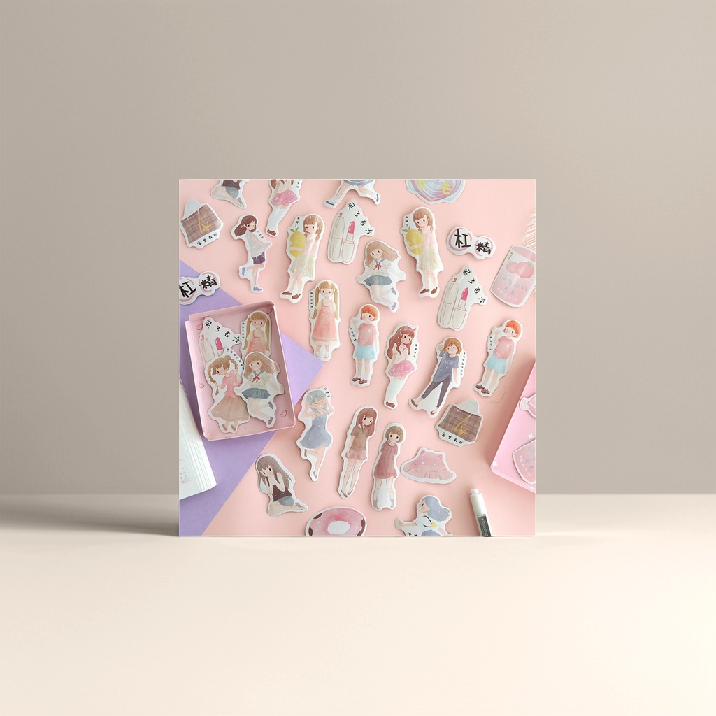 Pink background cartoon girl sticker stationery accessory set Application Scenario
