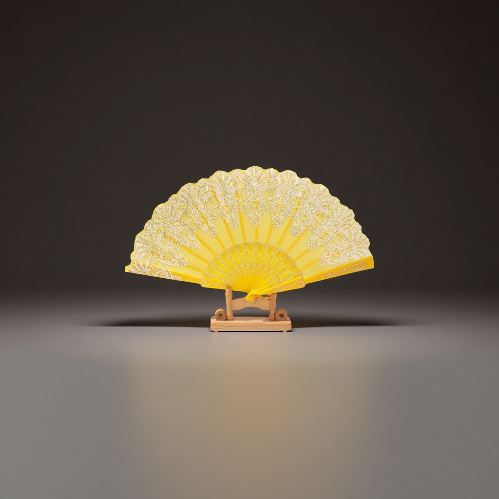 黄色蕾丝手工折扇 夏日古风团扇 纯色镂空装饰扇
