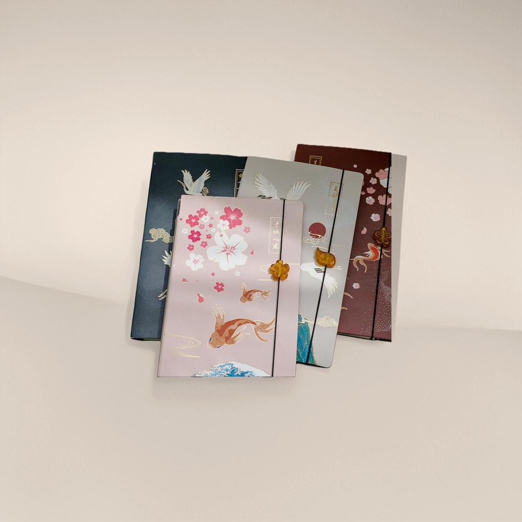 Pink cherry blossom koi notebook, black crane, beige wave wine, red koi and cherry blossom