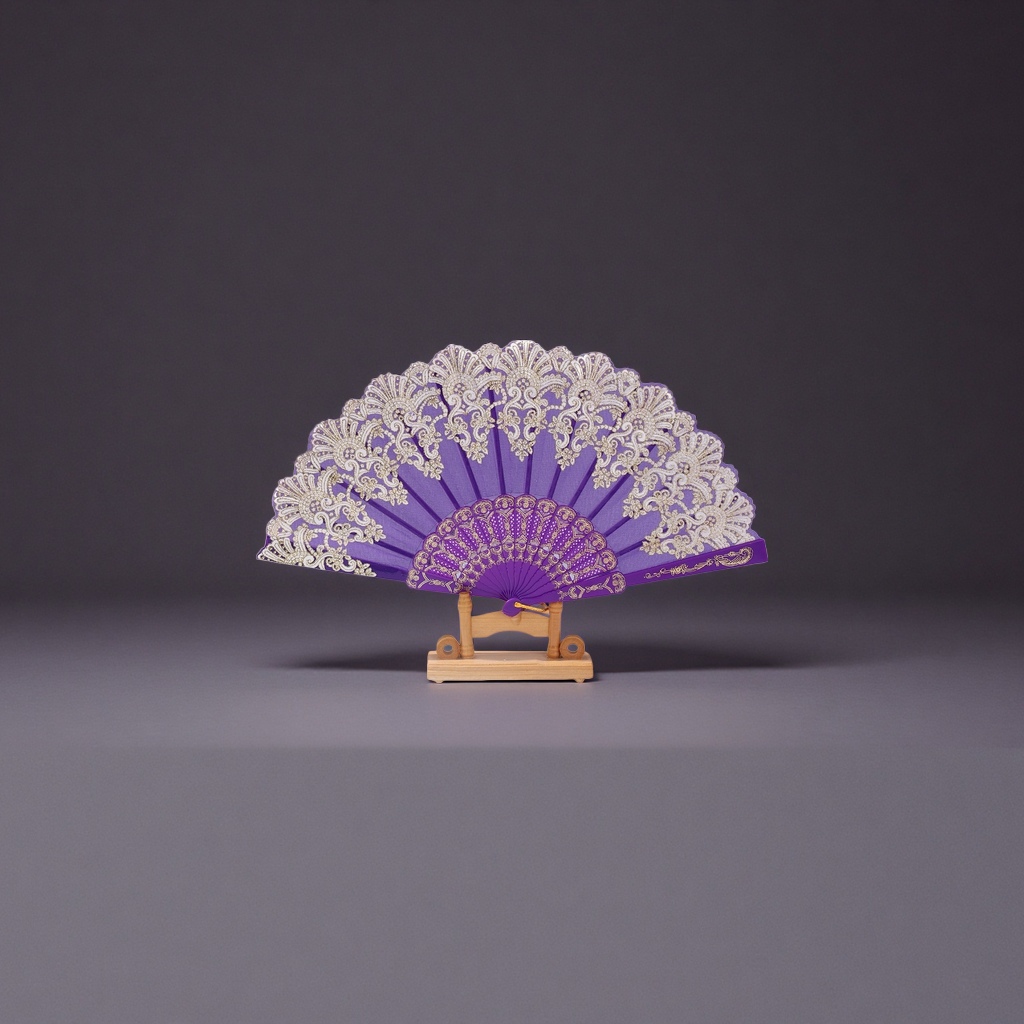 紫色蕾丝雕花折扇 手工刺绣古典优雅便携收纳