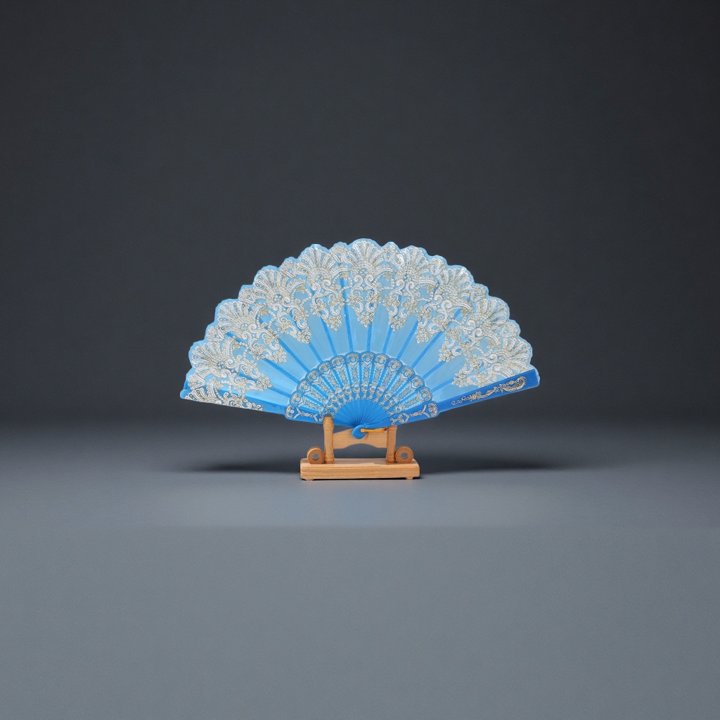 蓝色蕾丝装饰折扇 手工刺绣复古优雅便携纳凉扇