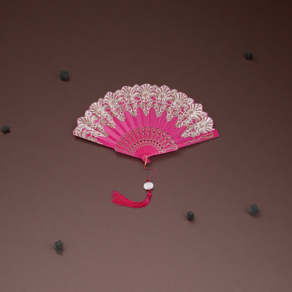 粉色蕾丝雕花折扇 手工刺绣团扇 夏日古风纳凉扇