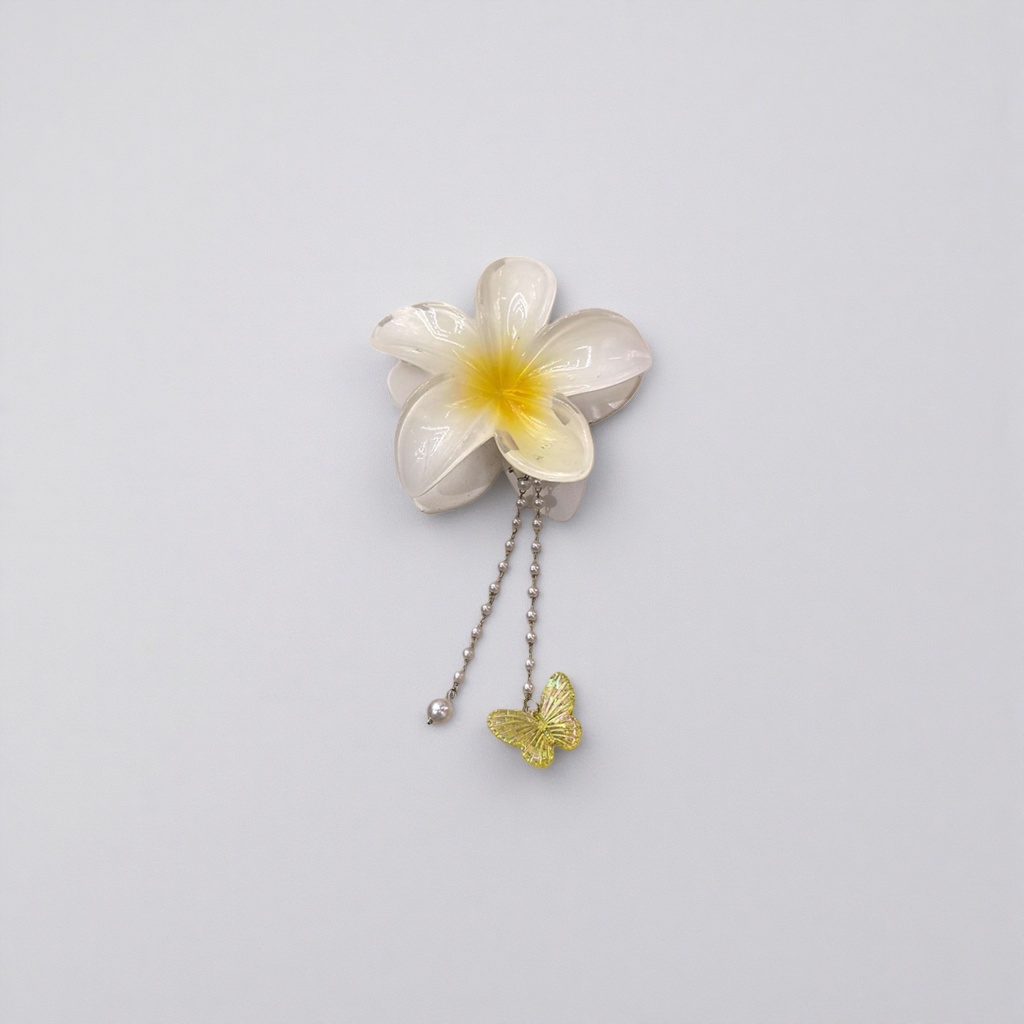 White flower-shaped hairpins with pearl chains and yellow butterfly pendants details Picture