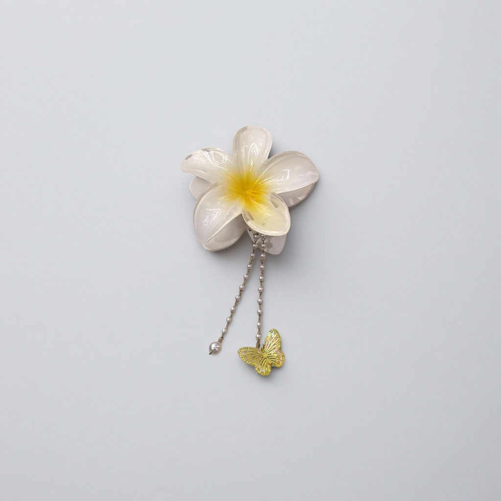 White flower-shaped hairpins with pearl chains and yellow butterfly pendants Specification image