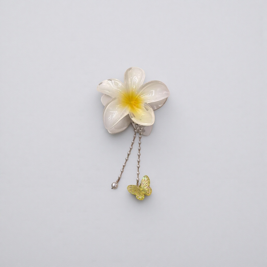 White flower-shaped hairpins with pearl chains and yellow butterfly pendants Application Scenario