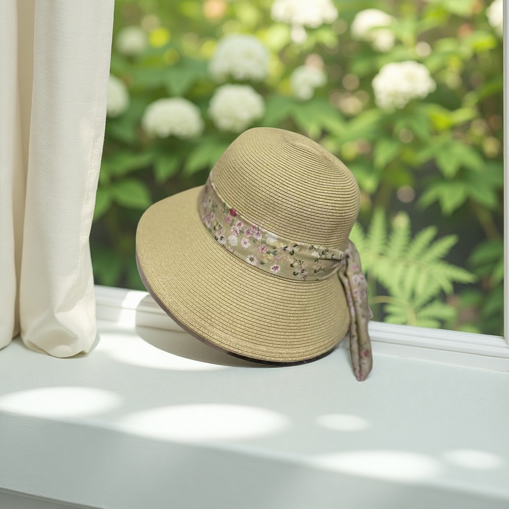 米色草编宽檐帽 饰碎花丝带 夏日遮阳防晒女帽