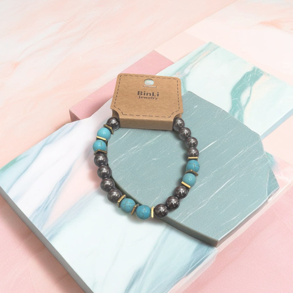 BinLi Jewelry蓝绿深灰珠串手链配金色方块隔珠挂卡纸吊牌
