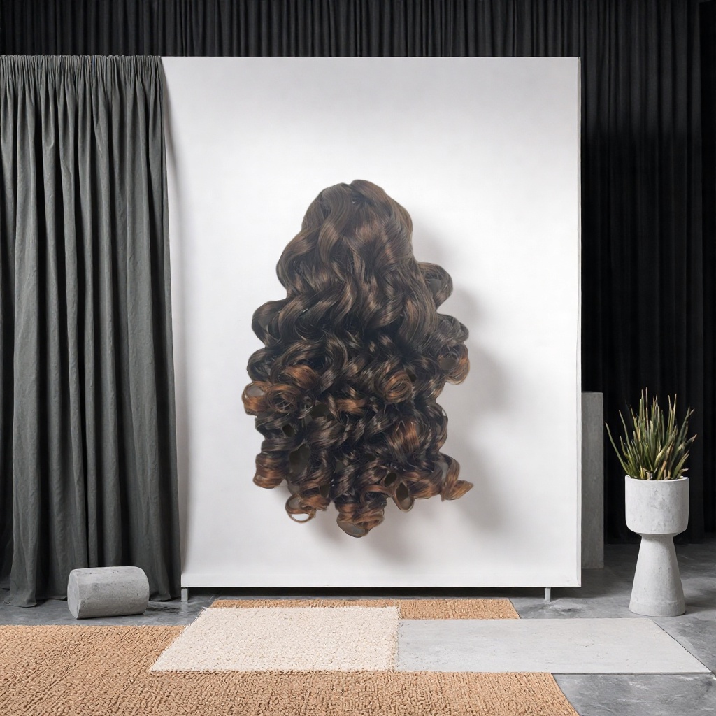 Brown curly hair wig pieces with natural and fluffy bangs are ready to wear without cutting details Picture