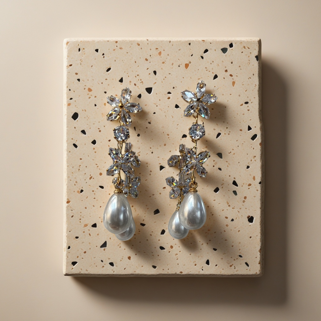 Golden flower-shaped crystal earrings adorned with pearl pendants are light luxury and elegant ladies' accessories Application Scenario