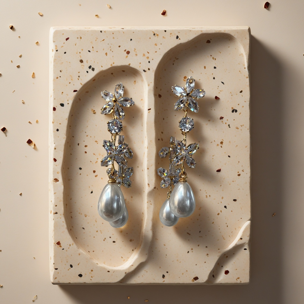 Golden flower-shaped crystal earrings adorned with pearl pendants are light luxury and elegant ladies' accessories Specification image