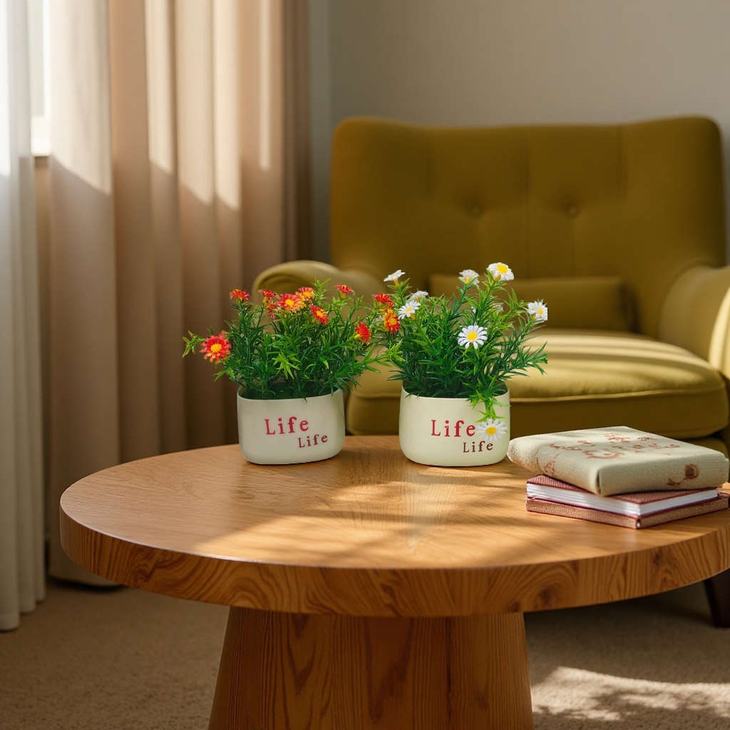 The beige artificial flower pot set pairs artificial flowers with simple home decoration details Picture