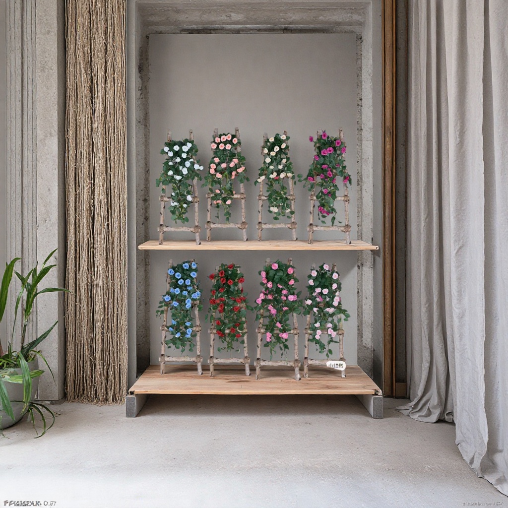 Colorful artificial flower vines with wooden trapezoidal brackets for indoor decorative floral arrangements details Picture