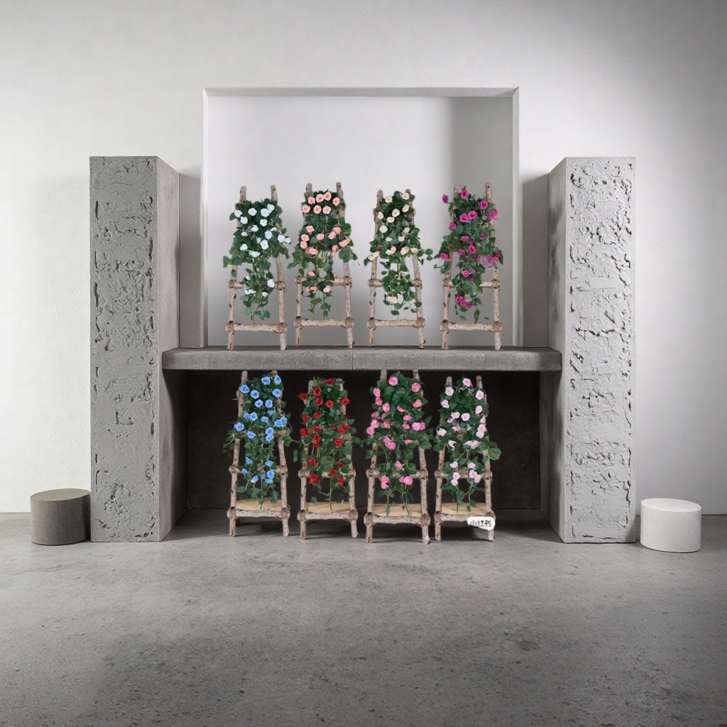 Colorful artificial flower vines with wooden trapezoidal brackets for indoor decorative floral arrangements Specification image