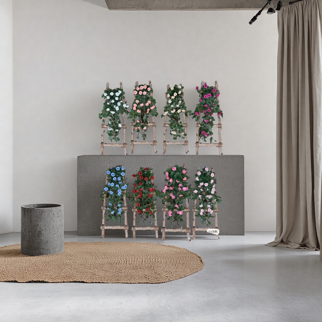 Colorful artificial flower vines with wooden trapezoidal brackets for indoor decorative floral arrangements Application Scenario