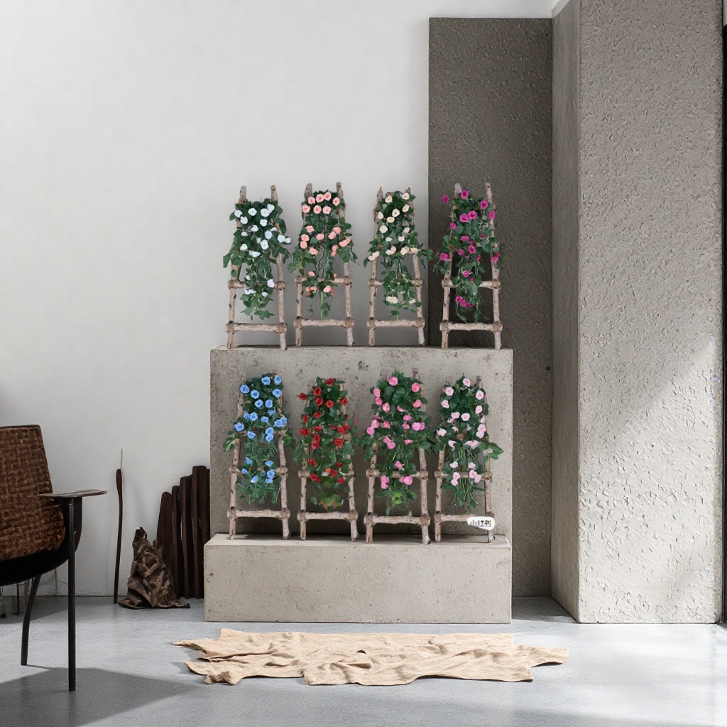 Colorful artificial flower vines with wooden trapezoidal brackets for indoor decorative floral arrangements