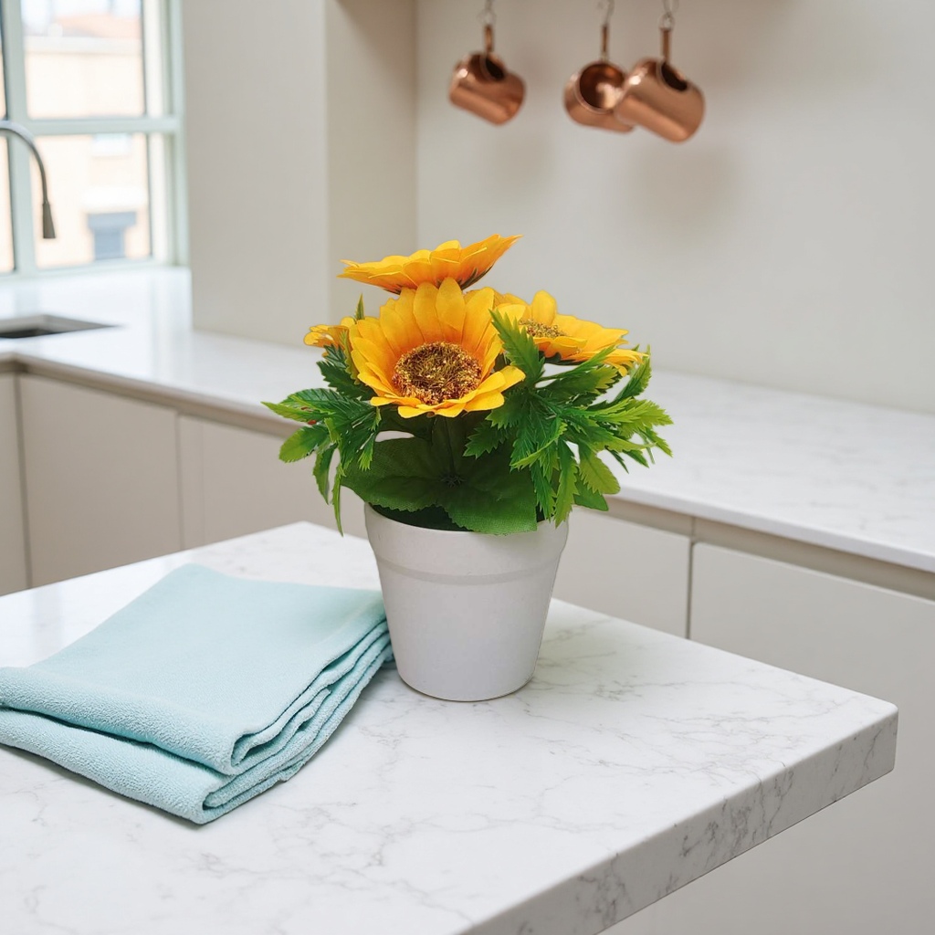 Yellow sunflower artificial flowers paired with white ceramic flowerpots for home decoration ornaments Application Scenario