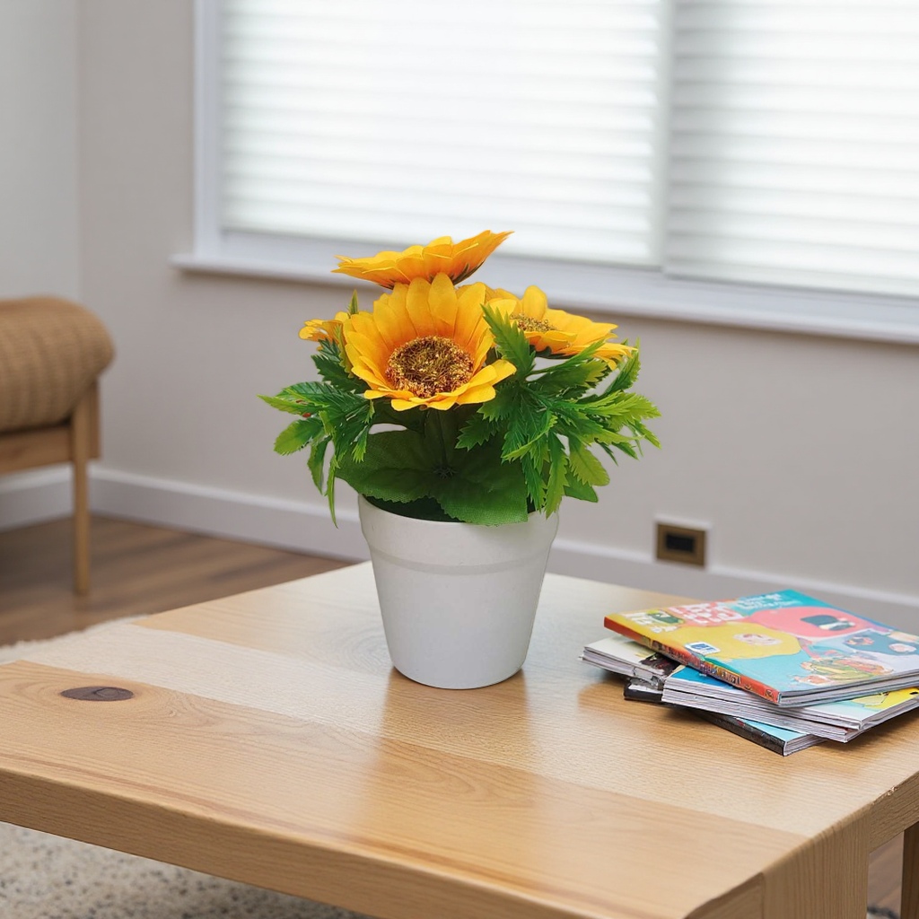 Yellow sunflower artificial flowers paired with white ceramic flowerpots for home decoration ornaments details Picture