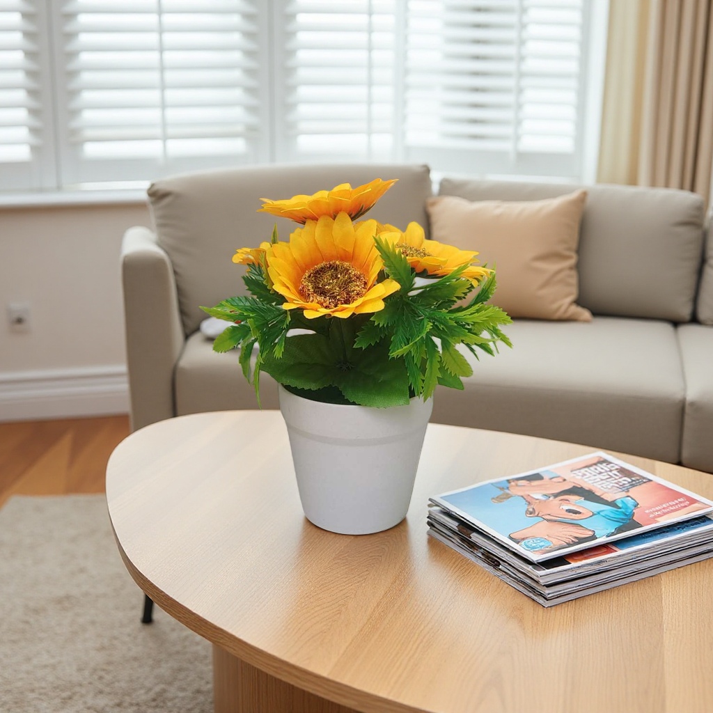 Yellow sunflower artificial flowers paired with white ceramic flowerpots for home decoration ornaments